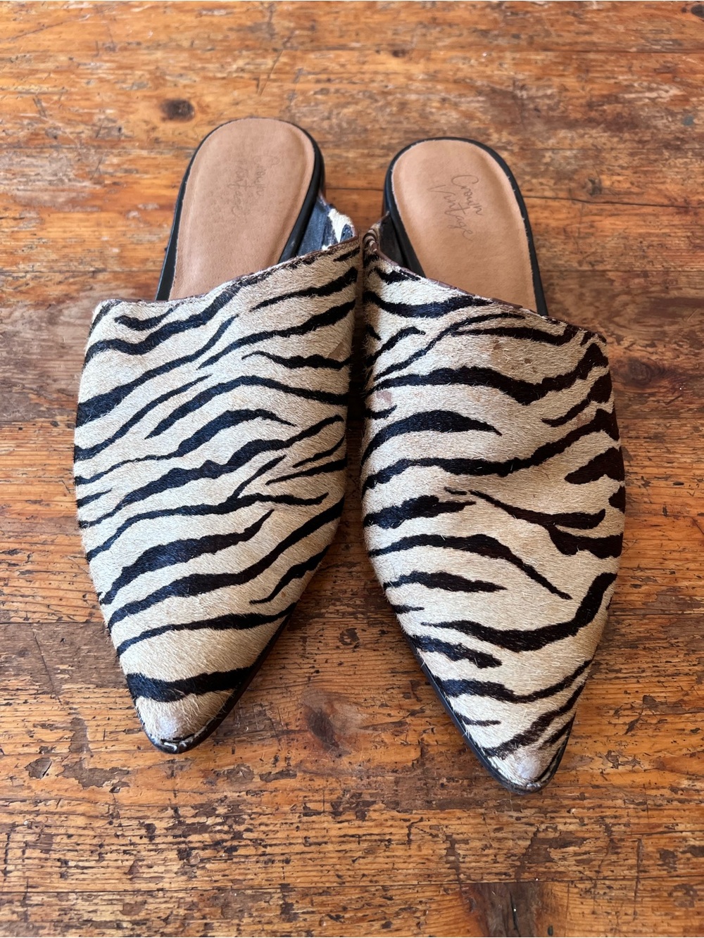 Crown Vintage Zebra-Print Pointed Toe Mules in Black and Beige